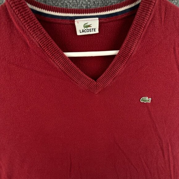 Lacoste Sweater Men Red V Neck Croc Logo Large Pullover Cotton Preppy Tennis - Picture 2 of 12